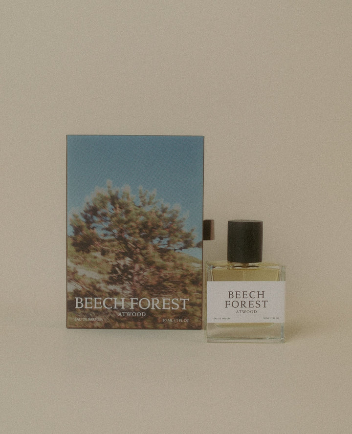 Atwood Beech Forest clear perfume bottle with black cap beside a tall rectangular box printed with a windswept woodland landscape on a beige background.