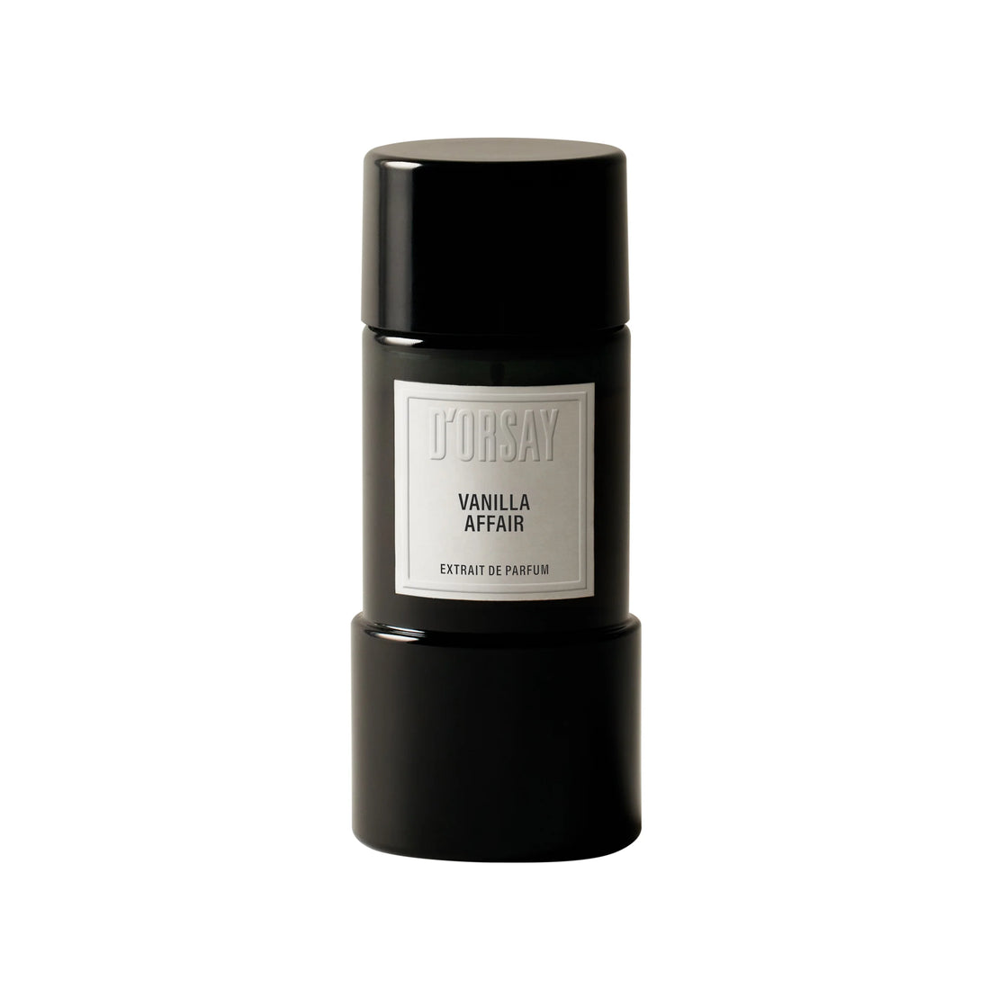 A black cylindrical perfume bottle with a silver label reading 'D'ORSAY VANILLA AFFAIR EXTRAIT DE PARFUM', centered on a plain white background.
