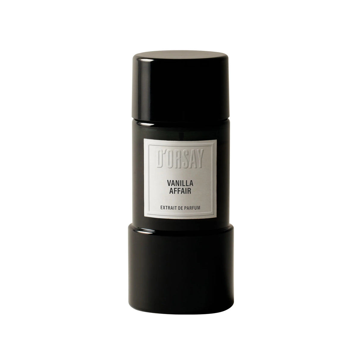 A black cylindrical perfume bottle with a silver label reading 'D'ORSAY VANILLA AFFAIR EXTRAIT DE PARFUM', centered on a plain white background.
